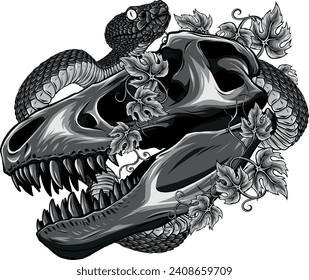 monochromatic dinosaur skull with snake and leaves