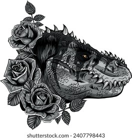 monochromatic Dinosaurus tyrannosaurus rex head. Dinosaur and roses frame.