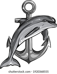 monochromatic dolphin around an anchor with a rope, an ancient symbol of the sea, vector illustration