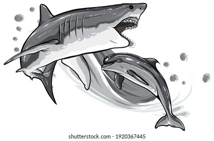 monochromatic Dolphin and Shark. Funny cartoon and vector isolated characters.