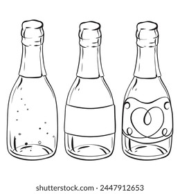 A monochromatic drawing featuring three bottles of champagne