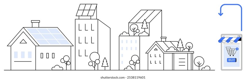 Dibujo monocromático de varios edificios con paneles solares, rodeados de vegetación. Un smartphone con un Carrito de compras en línea significa integración de tecnología inteligente. Ideal para la sostenibilidad, inteligente