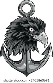 monochromatic Eagle with Anchor on white background. digital draw
