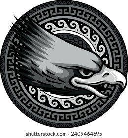 monochromatic eagle head with decoration on white background