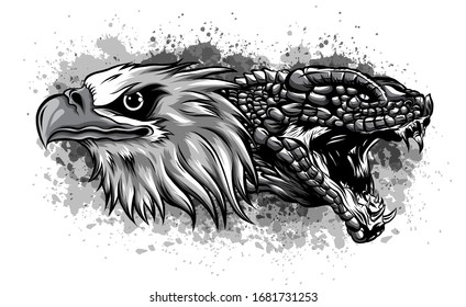 monochromatic Eagle and Snake. Tattoo vector illustration design