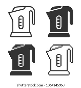 Monochromatic electric kettle icon in different variants: line, solid, pixel, etc.