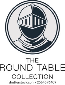 A monochromatic emblem for 'The Round Table Collection' featuring a knight's helmet with a decorative border. Bold, capitalized text is placed below, combining elegance and medieval sophistication.