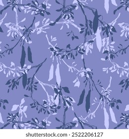 Monochromatic endless pattern of purple acacia branch silhouettes entangled on blue field. Sketchy hand drawn botanical plant background.