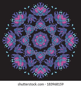  Monochromatic ethnic mandala.. Round ornament texture. Illustration in violet and pink colors.