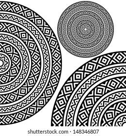 Monochromatic ethnic seamless textures. Round whole, half and quarter ornamental vector shape isolated on white. oriental arabesque pattern background. Vector illustration in black and white colors.