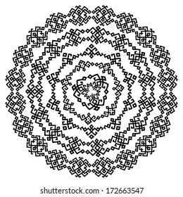 Monochromatic ethnic seamless textures. Round ornamental vector shape isolated on white. Oriental arabesque pattern background. Vector illustration in black and white colors. 