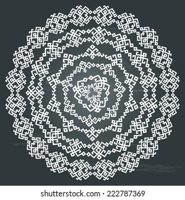 Monochromatic ethnic seamless textures. Round ornamental pattern vector shape on chalkboard. Oriental arabesque pattern background. Vector illustration. 