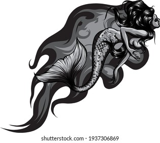 monochromatic Fantasy sea sirens with flames in cartoon style. Vector illustration.