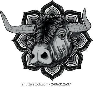 monochromatic ferocious bull head on a white background