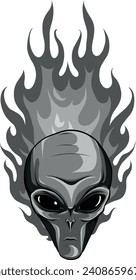 monochromatic Flaming alien head on white background