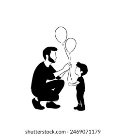 monochromatic flat vector father gives balloons to son, children's day, father's day
