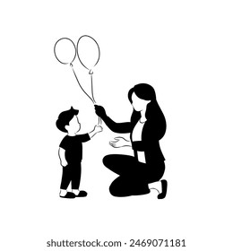 Vector plano monocromático madre da globos a hijo, día del niño, día de la madre
