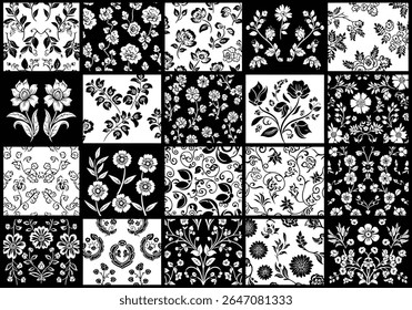 Colagem Floral Monocromática Um Estudo em Padrões Contrastantes e Motivos Botânicos