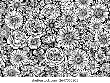Extravagância floral monocromática Uma tapeçaria densa de flores desenhadas à mão criando um padrão preto e branco intrincado adequado para papel de parede ou design têxtil preenchido com rosas e margaridas