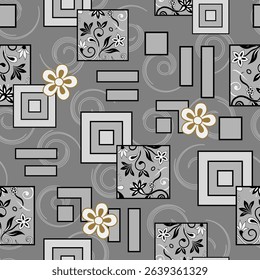 Monochromatic floral geometric pattern in grey, black, and beige for modern luxury wallpaper. Vector seamless border in Victorian style. Vector, illustration