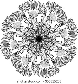 Monochromatic floral wreath, vector illustration. Vintage decorative elegant motif. Anti stress coloring book page for adults.