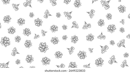 Monochromatic flower pattern presents a collection of black outlined flowers on a plain white background, creating a simple yet elegant seamless backdrop perfect for design projects and presentations.