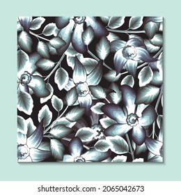 monochromatic flowers seamless pattern with tropical plants leaves on night background. floral background. vector design. fabric texture. exotic summer print design