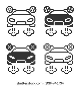 Monochromatic Flying Car Icon In Different Variants: Line, Solid, Pixel, Etc.