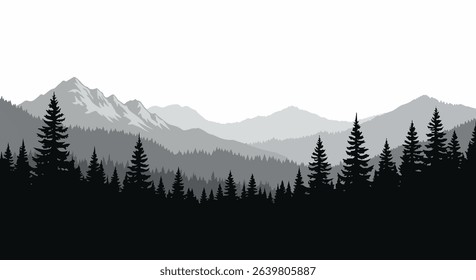 Monochromatic Forest Silhouette with Layered Mountain Ranges
