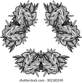 Monochromatic frame with stylized floral elements. Abstract design element. Vector illustration.