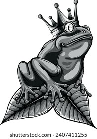 monochromatic frog with crown on the leaf. Vector illustration