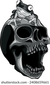monochromatic frog on human skull vector illustration design on white backgrond