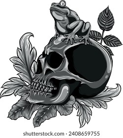 monochromatic frog on the skull and leaves