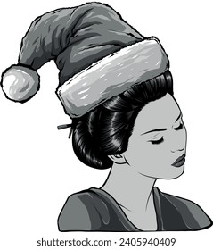 monochromatic geisha japanese wearing santa hat celebrate christmas