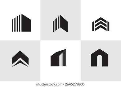 Monochromatic Geometric Home and Real Estate Logo Set Various Stylized House Representations Modern and Abstract Design Aesthetic