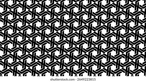 A monochromatic geometric pattern of interlocking angular shapes in black and white creates a seamless, tessellated design with a sense of depth and complexity, suitable for backgrounds and textiles
