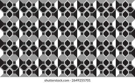 Monochromatic geometric pattern with interlocking hexagonal and diamond shapes in black, grey, and white, forming a seamless tile design with a modern aesthetic