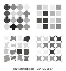 Padrões geométricos monocromáticos. Texturas cinzentas abstratas. Elementos de coleção de grade. Formas decorativas vetoriais.