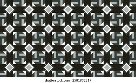 Monochromatic geometric patterns are highly organized and symmetrical. The pattern is visually appealing and balanced. It would work well as a backdrop, fabric print, or wallpaper.