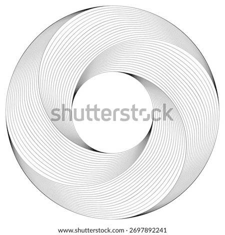A monochromatic geometric shape with a central hole, composed of numerous thin, curved lines that create a swirling, twisting vortex or aperture effect.