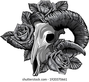 monochromatic goat skull vector illustration. goat devilish magical symbol and Flowers peonies and roses