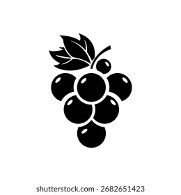 Ícone do vetor do agregado de uva monocromática, elemento do logotipo da adega e silhueta de fruta preto negrito silhueta de uvas maduras com folha, um símbolo clássico de comida e bebida uva preta minimalista