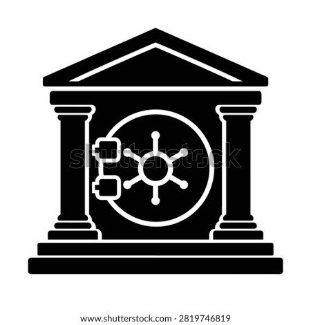 A monochromatic graphic depicting a classical safe with pillars and a combination lock dial.