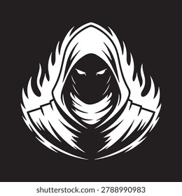 Monochromatic graphic emblem depicting a shadowy cloaked entity evoking themes of mystery fear and the supernatural. Ideal for gaming or fantasy branding.