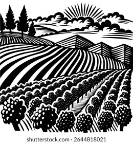 Monochromatic graphic portrays a rural landscape with black trees and farm fields under the rising sun and cloudy sky, a captivating visual representation of country life.