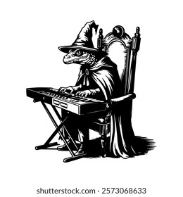 A monochromatic graphic t-shirt design of a vintage, worn-out image of a lizard dressed in a cloak and wizard's hat, playing a keyboard in vector