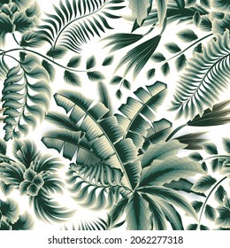 monochromatic green banana leaves with palm and fern tropical plant seamless pattern on white background. jungle background. Botanical summer pattern wallpaper print. Fashionable