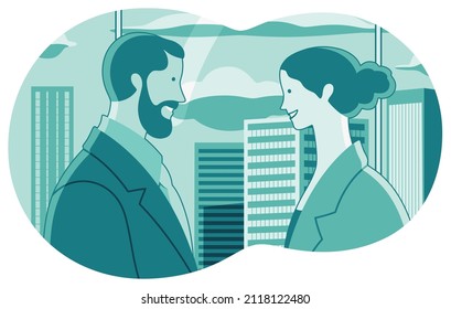 Monochromatic green illustration with happy business couple. Business people, woman and man, facing each other.
