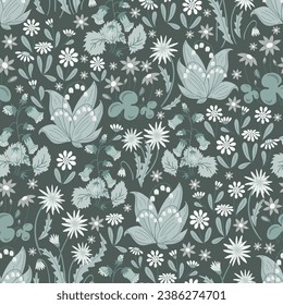 Monochromatic green Millefleurs seamless pattern. Hand drawn wild flowers. For textile, wrapping paper, packaging, scrapbooking, DIY projects.