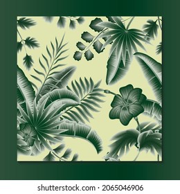 monochromatic green palm leaf, fern and banana leaves tropical seamless pattern plants on pastel yellow background with hibiscus flower drawing. jungle print. exotic summer